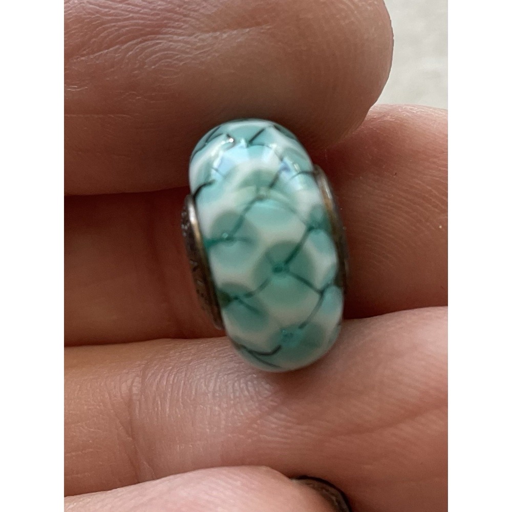 retired Pandora Teal Lattice Murano Glass Charm ALE 925 Sterling Silver